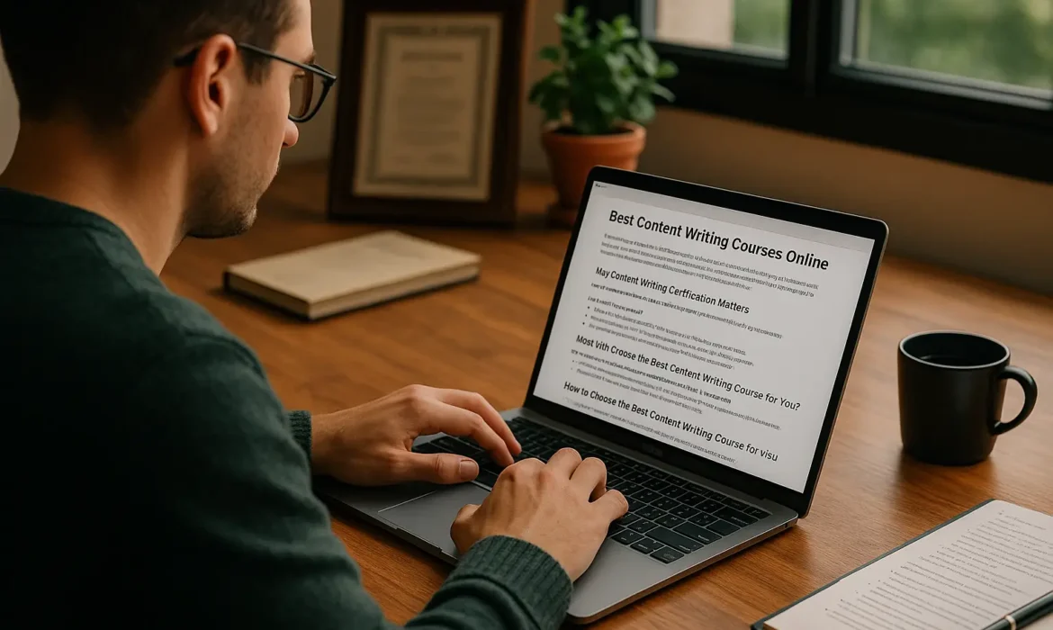 A man working on a laptop at a modern desk with a notebook, coffee mug, and a certificate in the background, representing online content writing courses