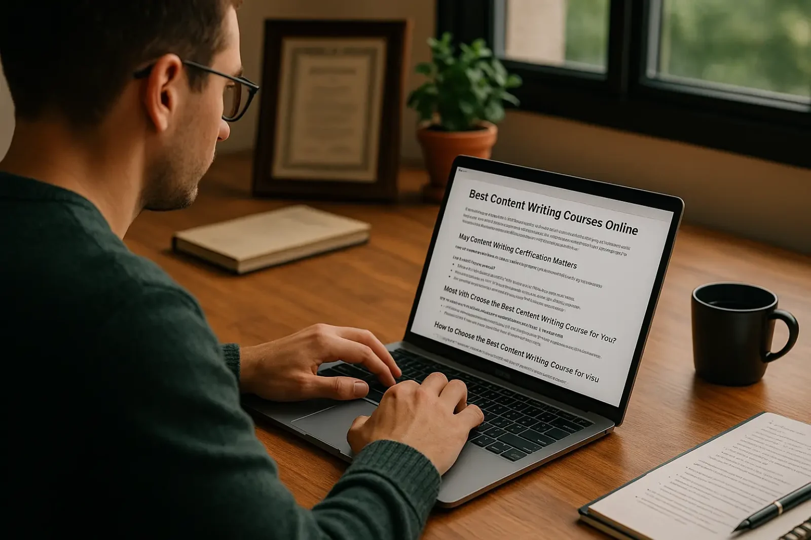 A man working on a laptop at a modern desk with a notebook, coffee mug, and a certificate in the background, representing online content writing courses