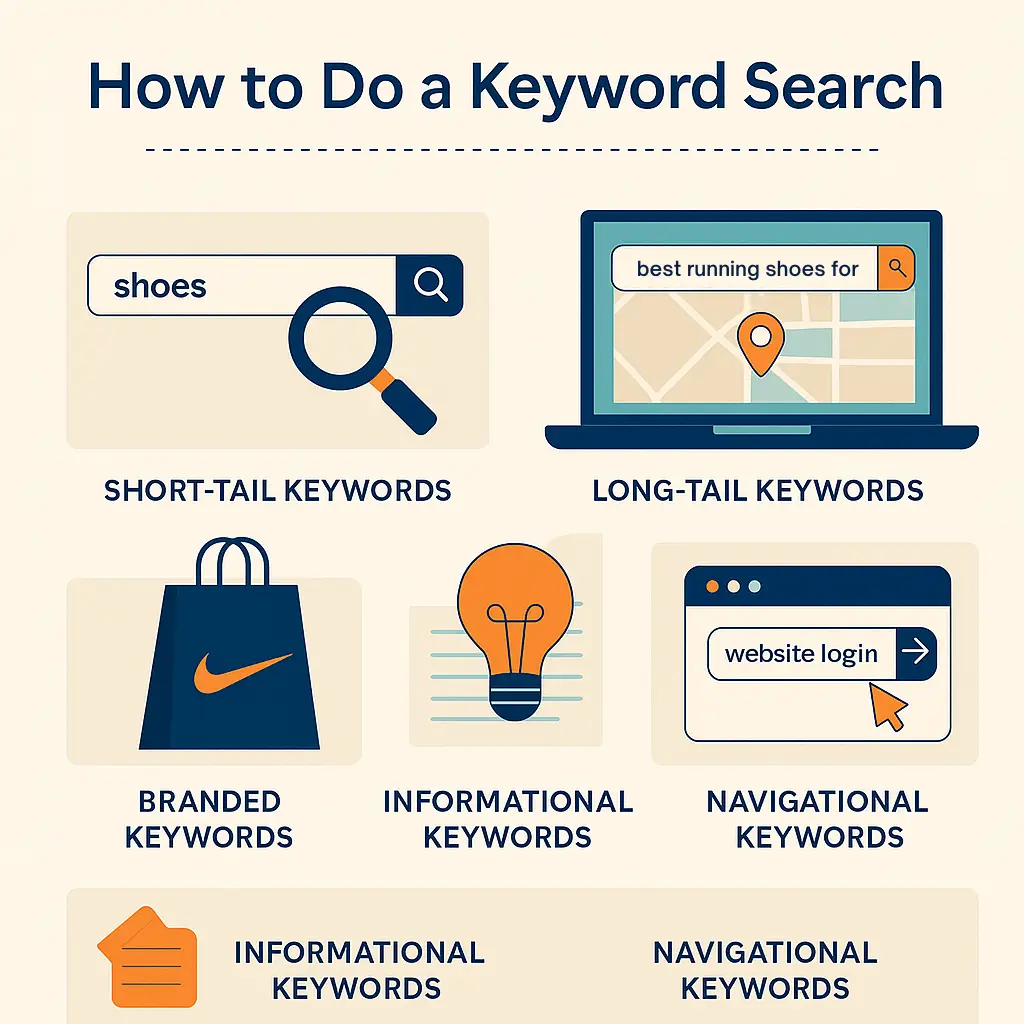 Infographic illustrating how to do a keyword search, featuring six types of keywords—short-tail, long-tail, branded, informational, navigational—each represented with distinct icons like a search bar, shopping bag, lightbulb, and laptop screen.